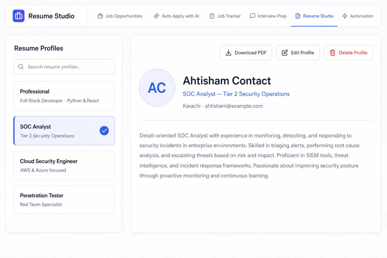 Resume Studio profile picker showing Professional, SOC Analyst, Cloud Security Engineer, and Penetration Tester profiles with the SOC Analyst profile active and its detail panel previewed.